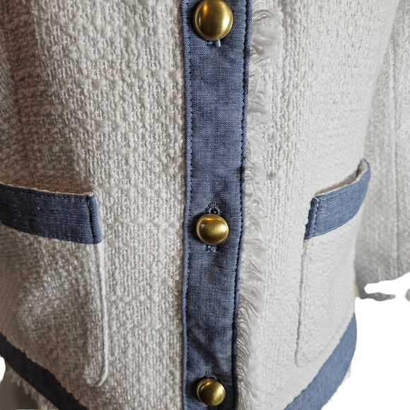 Talbots Petites White Denim Tweed Blazer Jacket Size 12P Button Up Fringed Chic - Picture 6 of 16